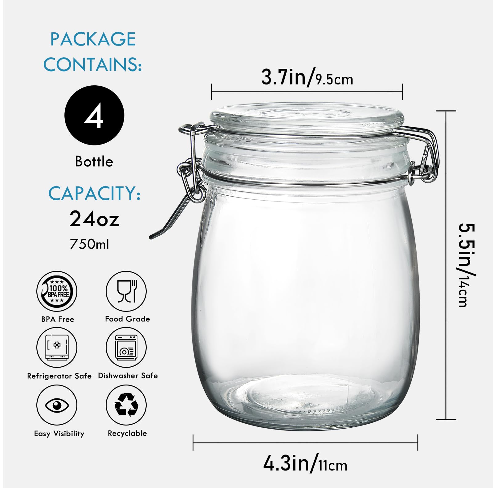 Yeboda 24Oz Food Storage Canister Glass Jars With Clamp Airtight Lids And Silicone Gaskets For Multi-Purpose Kitchen Containers